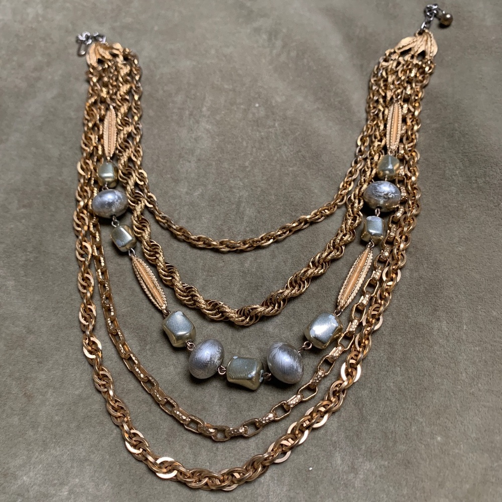 Vintage 1970s Multi Strand Chain Metal Statement Necklace signed ART
